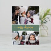 Rustic Modern Merry 3-foto Folie Feestdagenkaart (Staand Voorkant)