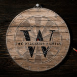 Rustic Modern Monogram Familienaam  Hout Dartbord<br><div class="desc">Deze moderne, rustige dartboard is voorzien van uw gezinsmonogram en heeft een naam op een gedrukte, middelgrote, bruine houten achtergrond in een retro typografische vormgeving. Pas dit aan met uw familienaam en initiaal en maak dit uw eigen unieke koepel voor de boerderijstijl van het meer huis, familiehuisje of landhut -...</div>