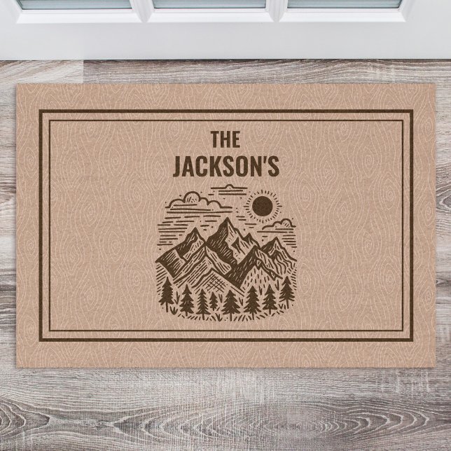 Rustic Modern Mountain Custom Deurmat (Modern Rustic Mountain Hand-drawn Custom Name Doormat)