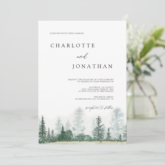 Rustic Modern Mountain Forest Waterverf Wedding Kaart (Staand voorkant)