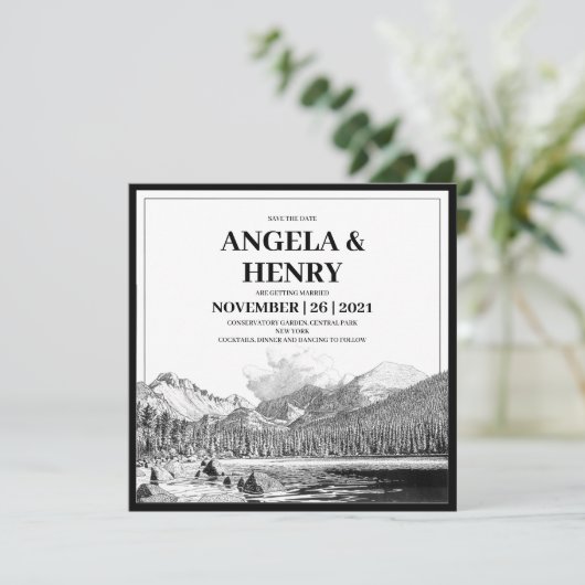 Rustic Modern Mountains Scenery Save the Date Kaart (Staand voorkant)