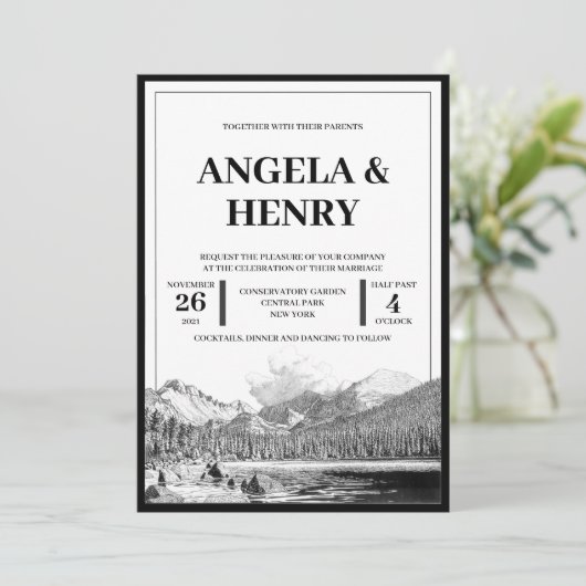Rustic Modern Mountains Scenery Wedding Invitation Kaart (Staand voorkant)