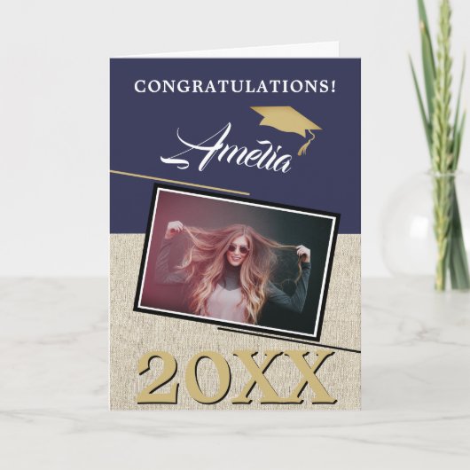 Rustic Modern Navy Blue Afstuderen Foto Afstuderen Kaart (Voorkant)