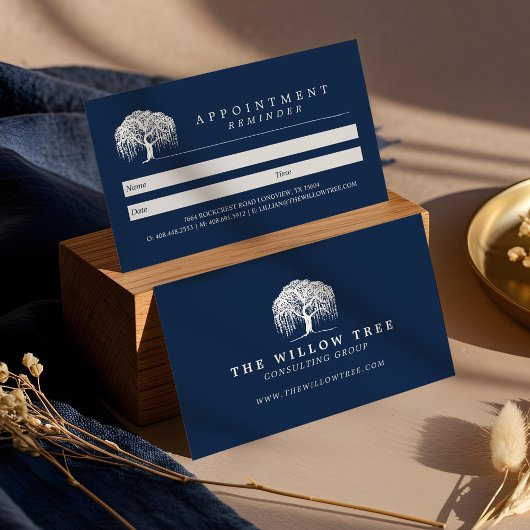 Rustic Modern Navy Blue & White Willow Tree Logo Afsprakenkaartje