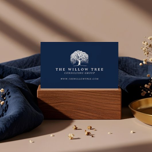 Rustic Modern Navy Blue & White Willow Tree Logo Afsprakenkaartje