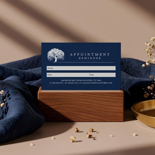 Rustic Modern Navy Blue & White Willow Tree Logo Afsprakenkaartje