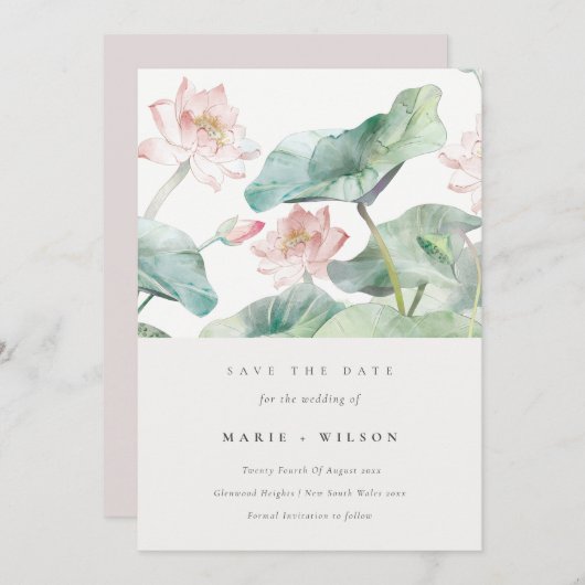 Rustic Modern Pastel Blush Waterlily Save the Date Kaart (Voorkant / Achterkant)