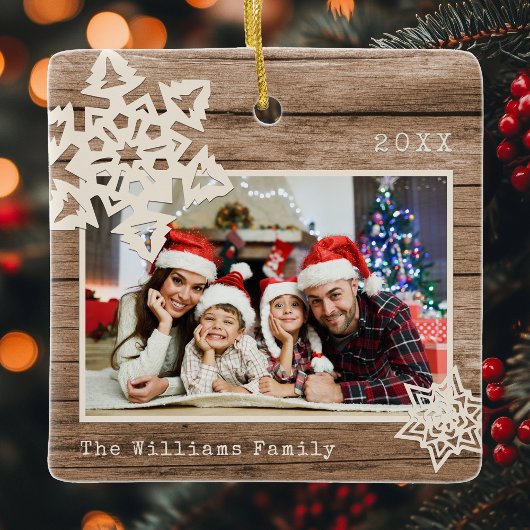 Rustic Modern Photo DIY Snowflake Familienaam Wood Keramisch Ornament