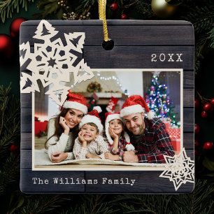 Rustic Modern Photo DIY Snowflake Familienaam Wood Keramisch Ornament