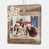 Rustic Modern Photo DIY Snowflake Familienaam Wood Keramisch Ornament (Links)