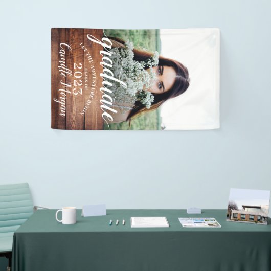 Rustic Modern Photo Wood Script Afstuderen Spandoek (Beurs)