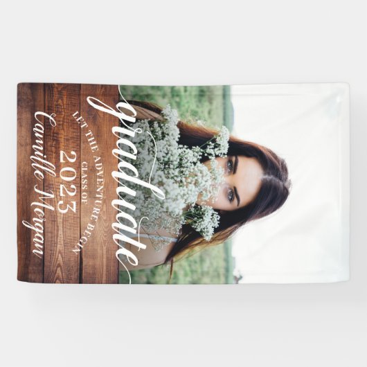 Rustic Modern Photo Wood Script Afstuderen Spandoek (Horizontaal)