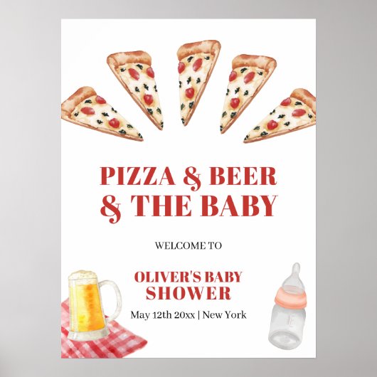 Rustic Modern Pizza Beers Baby shower Welkom Poster (Voorkant)