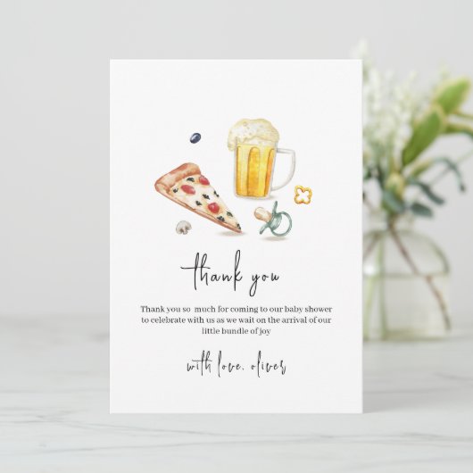 Rustic Modern Pizza Beers Pacifier Baby shower Bedankkaart (Staand voorkant)