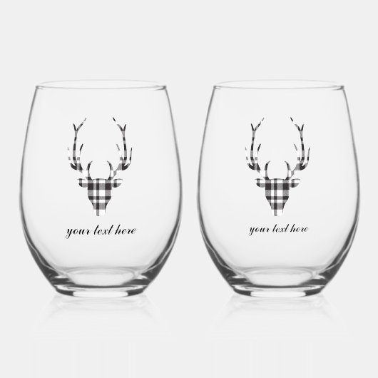 Rustic Modern Plaid Check Deer Stemless Wine Glass Wijnglas Zonder Voet (Voorkant)