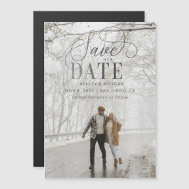 Rustic Modern Silver Script Photo Save the Date Magnetische Uitnodiging