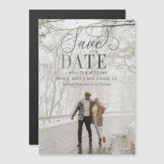 Rustic Modern Silver Script Photo Save the Date Magnetische Uitnodiging