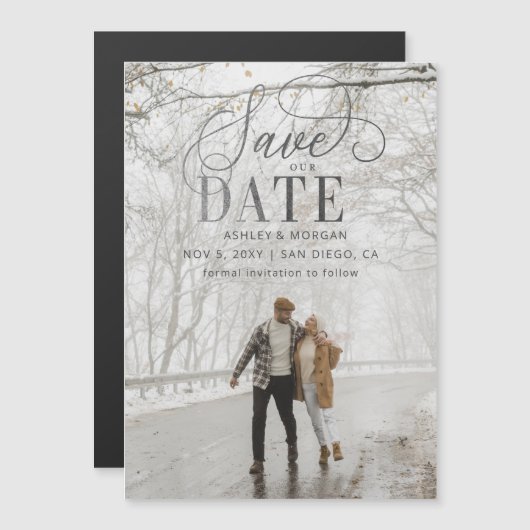 Rustic Modern Silver Script Photo Save the Date Magnetische Uitnodiging (Voorkant / Achterkant)