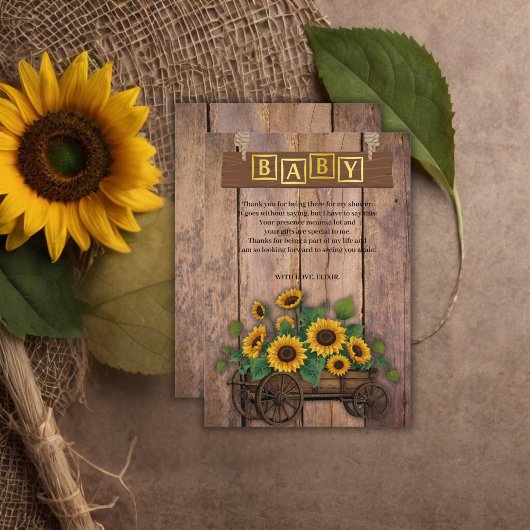 Rustic Modern Sunflower Carriage Baby shower Bedankkaart