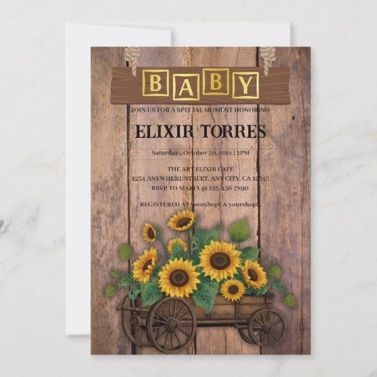 Rustic Modern Sunflower Carriage Baby shower Kaart (Voorkant)