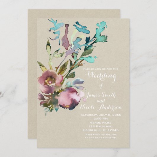 Rustic Modern Waterverf Splash Floral Wedding Kaart (Voorkant / Achterkant)