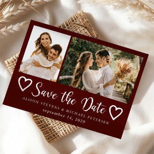 Rustic moderne 2 foto's burgundy trouwen save the date