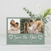 Rustic moderne 2 foto's salie groene trouw save the date (Staand voorkant)