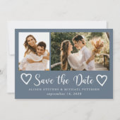Rustic moderne 2 foto's stoffig blauwe trouw save the date (Voorkant)