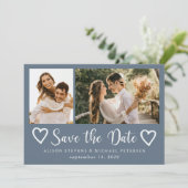 Rustic moderne 2 foto's stoffig blauwe trouw save the date (Staand voorkant)
