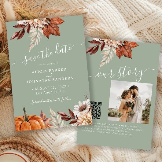 Rustic moderne bloemencode sagegroene bruiloft QR- Save The Date