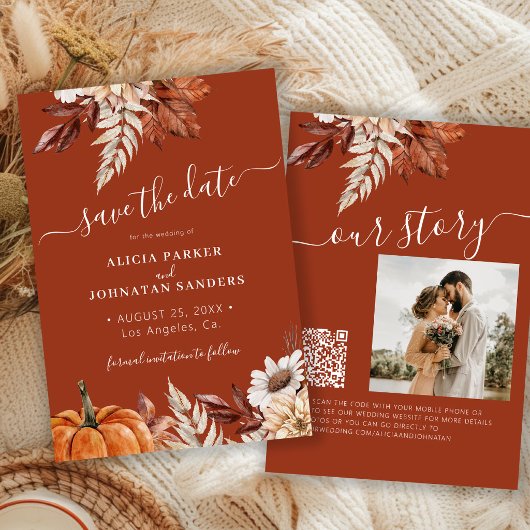 Rustic moderne terracotta bloem QR code bruiloft Save The Date