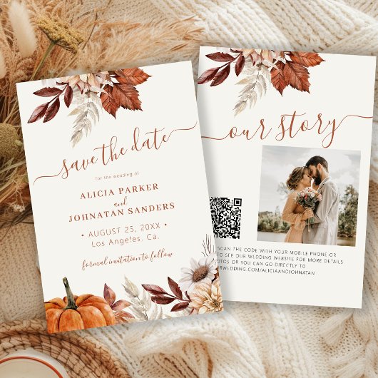 Rustic moderne terracotta bloemencode QR wedding Save The Date