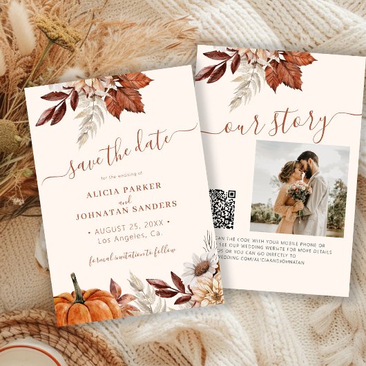 Rustic moderne terracotta bloemencode QR wedding Save The Date