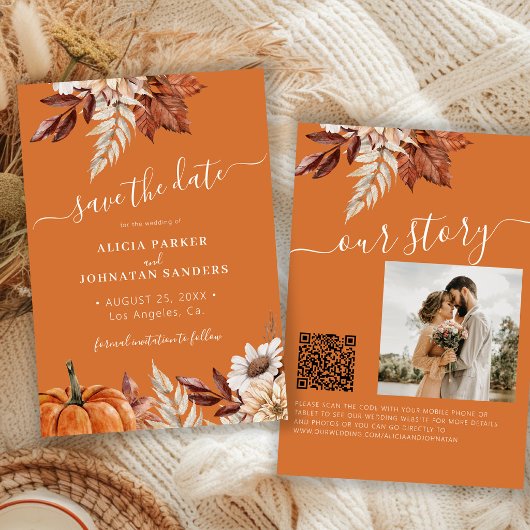 Rustic moderne verbrande oranje bloemencode QR-cod Save The Date