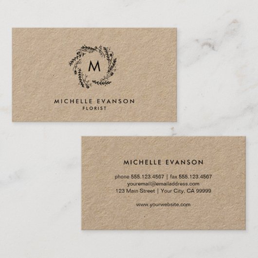 Rustic Monogram Black Floral Wreath Kraft Florist Visitekaartje (Voorkant / Achterkant)