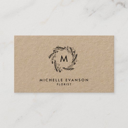 Rustic Monogram Black Floral Wreath Kraft Florist Visitekaartje (Voorkant)