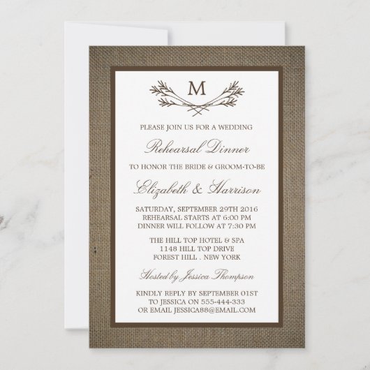 Rustic Monogram Branch Burlap repetitie diner Kaart (Voorkant)