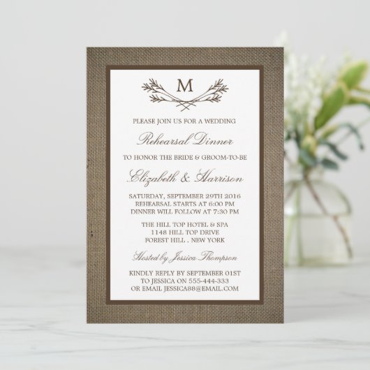 Rustic Monogram Branch Burlap repetitie diner Kaart (Staand voorkant)