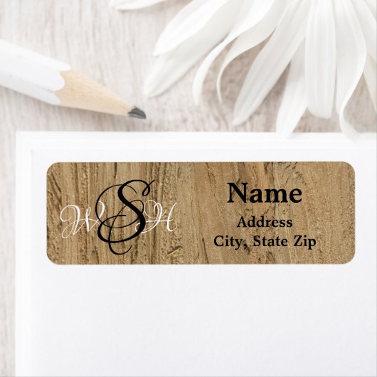 Rustic Monogram Bruin Striped Woodgrain Adres Etiket (Insitu)