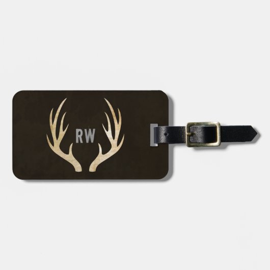 Rustic Monogram Deer Antler Bagagelabel | Grunge (Voorkant horizontaal)