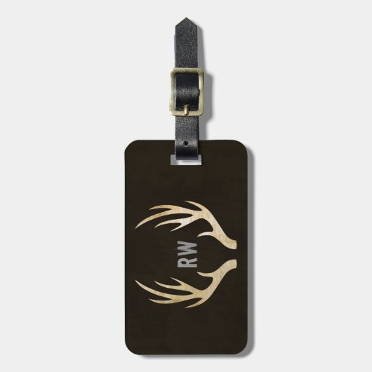 Rustic Monogram Deer Antler Bagagelabel | Grunge (Voorkant verticaal)