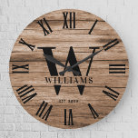 Rustic Monogram Farmhouse Custom Family Name Grote Klok<br><div class="desc">Personalized Family Name, monogram, and year established Rustic Modern Wall clock in a trendy farmhouse design design with roman numeral clock face and light white wood plank / shiplap backdrop design. Perfect gift for newlyweds, wedding or housewarming present or grandouders gift, or for a home make-over in your cabin, cottage,...</div>
