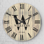 Rustic Monogram Farmhouse Custom Family Name Grote Klok<br><div class="desc">Personalized Family Name, monogram, and year established Rustic Modern Wall clock in a trendy farmhouse design design with roman numeral clock face and light white wood plank / shiplap backdrop design. Perfect gift for newlyweds, wedding or housewarming present or grandouders gift, or for a home make-over in your cabin, cottage,...</div>