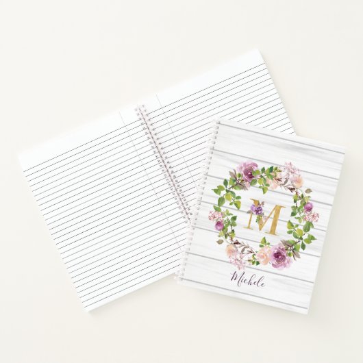 Rustic Monogram Gold M Name Floral Wreate Notitieboek (Binnen)