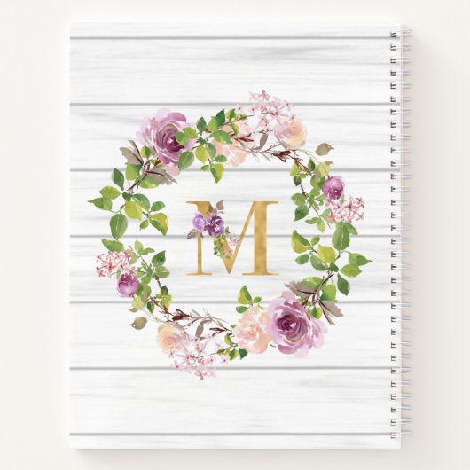 Rustic Monogram Gold M Name Floral Wreate Notitieboek (Achterkant)