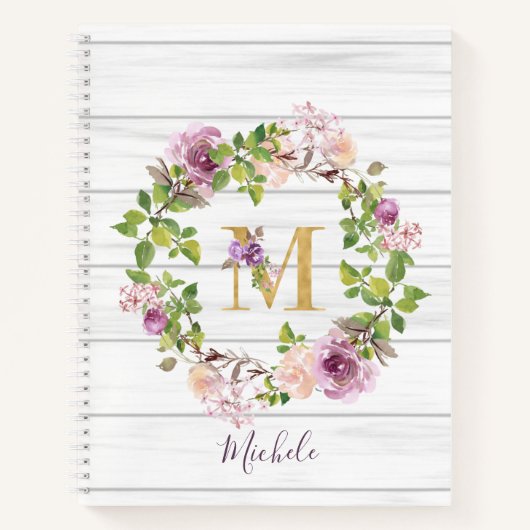 Rustic Monogram Gold M Name Floral Wreate Notitieboek (Voorkant)