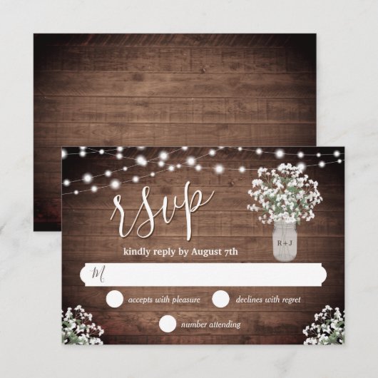 Rustic Monogram Mason Jar Vase Lights Wedding RSVP Kaartje (Voorkant / Achterkant)