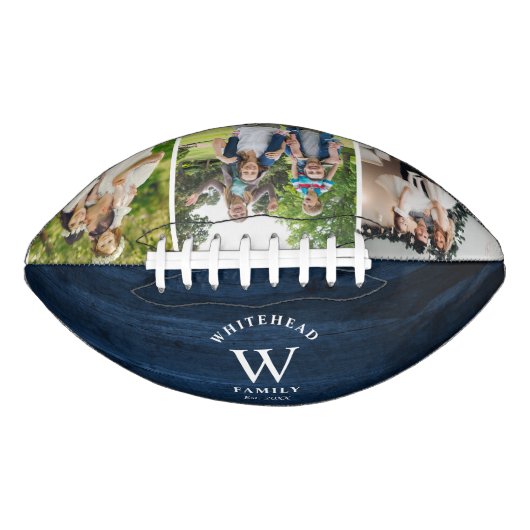 Rustic Monogram Navy Blue Wood Foto Collage American Football (Voorkant)