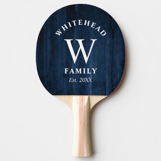 Rustic Monogram Navy Blue Wood Tafeltennisbatje (Voorkant)
