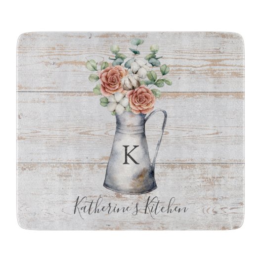 Rustic Monogram Roos Cotton Eucalyptus in een krui Snijplank (Voorkant)